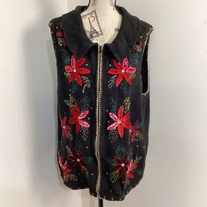 White Stag Women’s Black Holiday Full ZIP Collared Sleeveless Vest Sweater